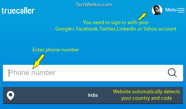 Interface of TrueCaller website homepage as on 11 August 2014.